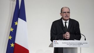 French Prime Minister Jean Castex speaks during a press conference to outline France's strategy for the deployment of future COVID-19 vaccines.