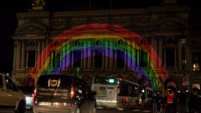 The colours of Europe are projected on the façade of the Opéra Garnier in Paris