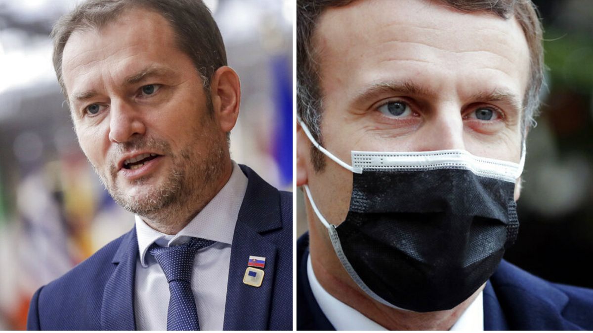 Both Slovakian Prime Minister Igor Matovic (left) and French President Emmanuel Macron (right) have tested positive after attending the same EU summit last week