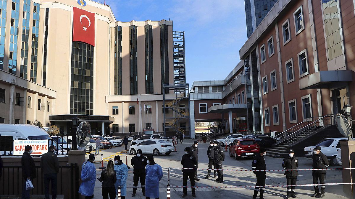 Police and medics gather outside the privately-run Sanko University Hospital in Gaziantep, southeastern Turkey, Saturday, Dec. 19, 2020