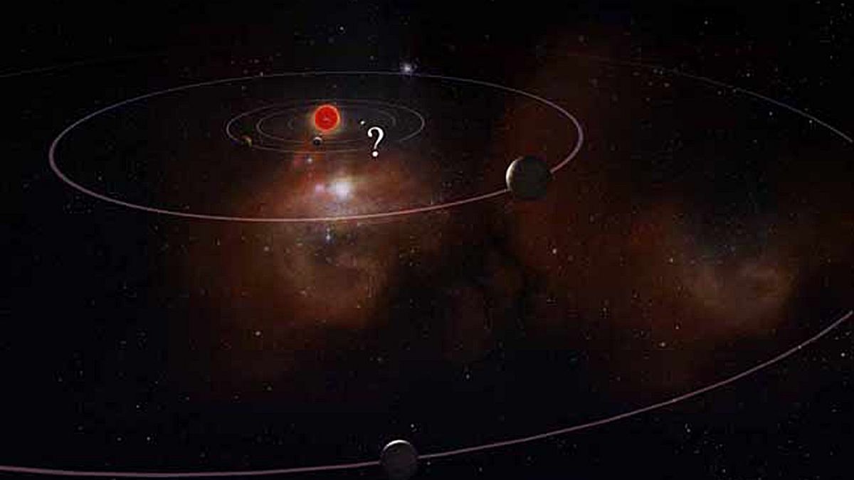 رسم توضيحي من المعهد الكوري لعلوم الفضاء والفلك يظهر نظامًا شمسيًا بعيدًا وموقعًا لكوكبين تم اكتشافهما حديثًا، أحدهما يشبه كوكب المشتري (يمين الوسط) والآخر يشبه زحل (أسفل).