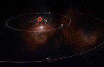 رسم توضيحي من المعهد الكوري لعلوم الفضاء والفلك يظهر نظامًا شمسيًا بعيدًا وموقعًا لكوكبين تم اكتشافهما حديثًا، أحدهما يشبه كوكب المشتري (يمين الوسط) والآخر يشبه زحل (أسفل).