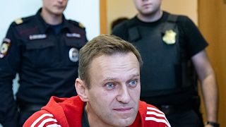 In this file photo taken on Thursday, Aug. 22, 2019, Russian opposition leader Alexei Navalny speaks to the media prior to a court session in Moscow, Russia.