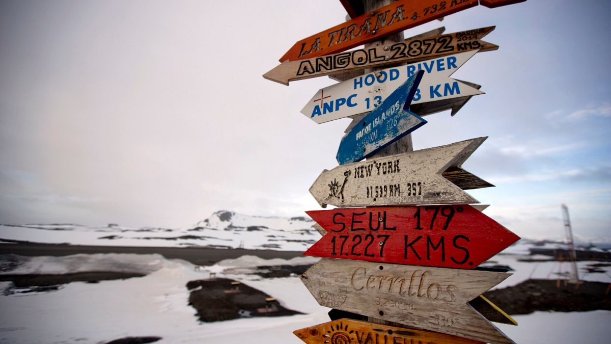 n this Jan. 20, 2015, file photo, wooden arrows show the distances to various cities on King George Island, Antarctica.