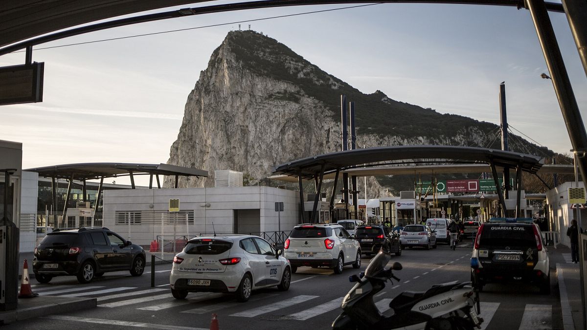 Cars queue to cross the border between Spain and Gibraltar, in La Linea de la Concepcion, Spain.