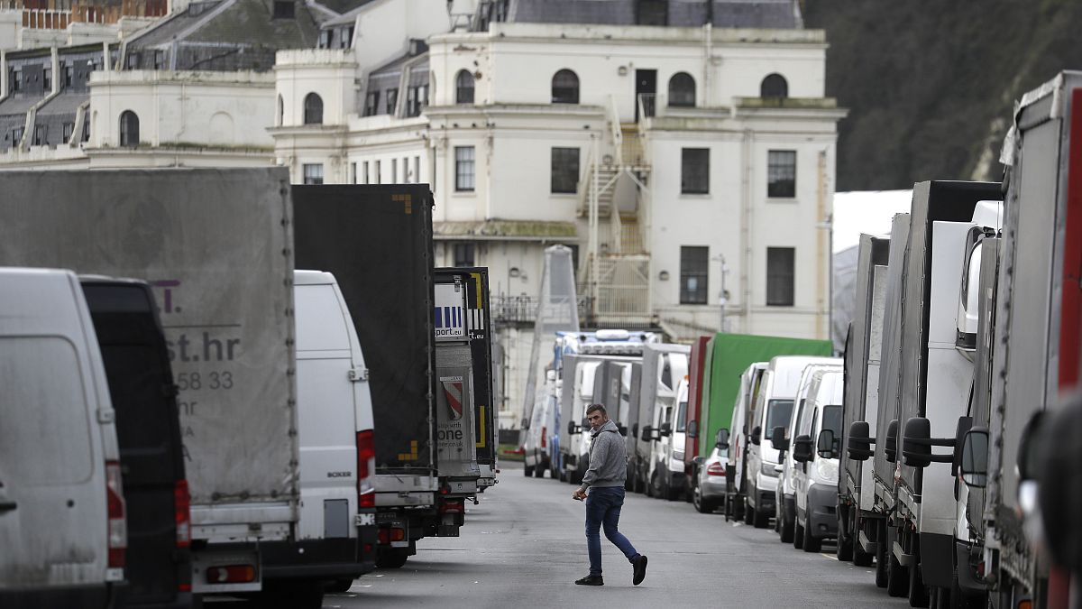 Goods vans wanting to return to Europe are parked along the seafront whilst the Port of Dover remains closed in southern England
