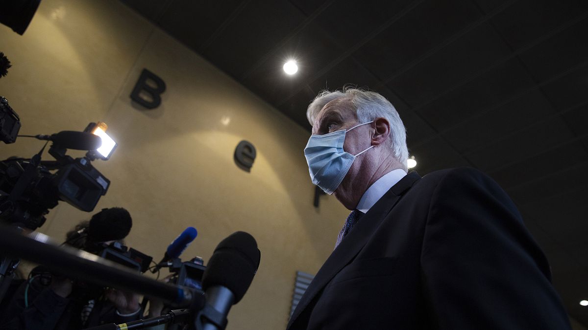 Michel Barnier speaking to journalists at EU headquarters in Brussels on Tuesday