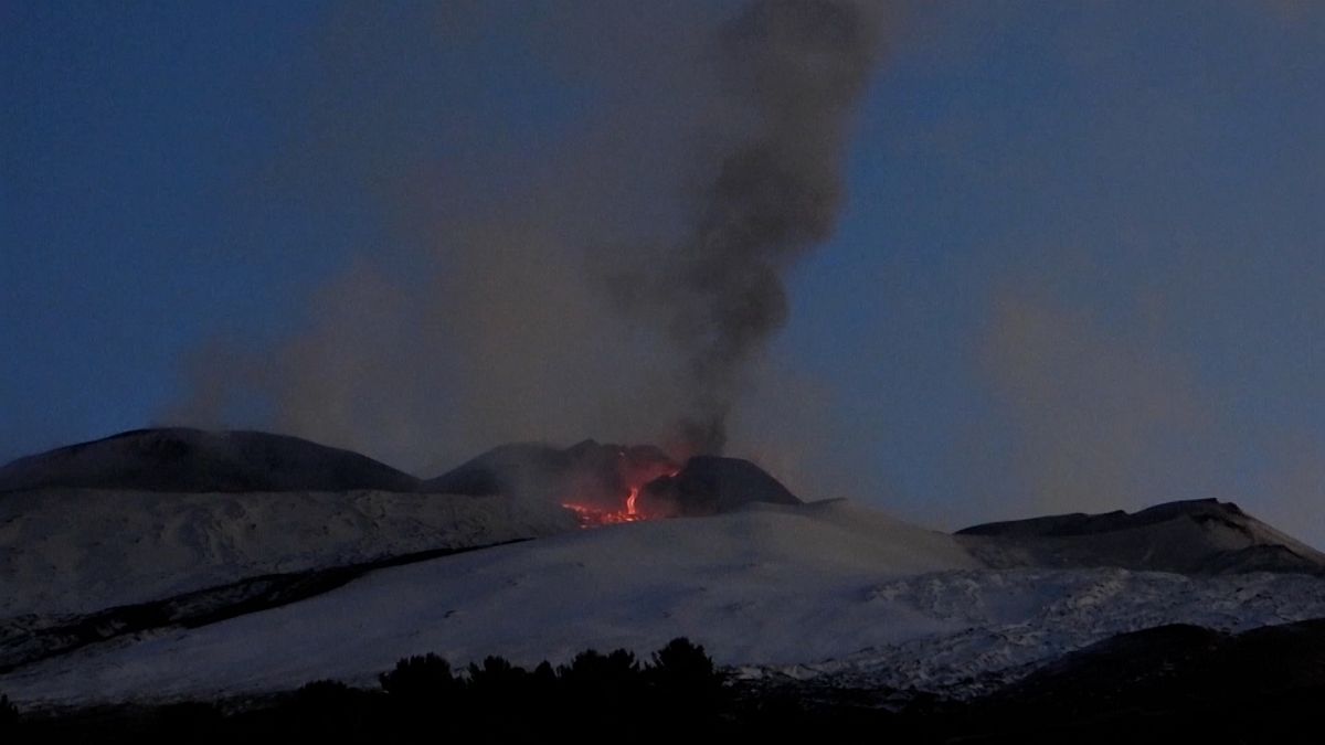 Eruption and flowing lava coming from crater on Mt. Edna