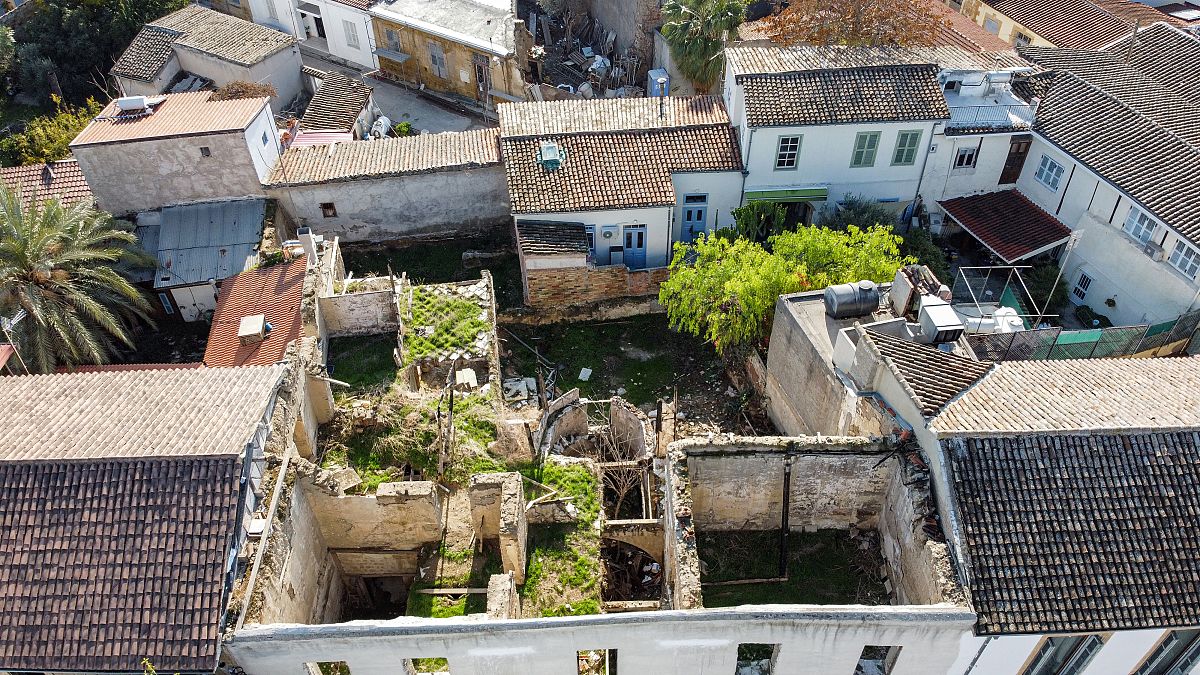 This picture shows an aerial view of a derelict building at risk of collapse in the old city of Cyprus' capital Nicosia.