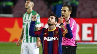 Lionel Messi célèbre un but contre le Bétis, au Camp Nou, Barcelone, le 7 novembre 2020