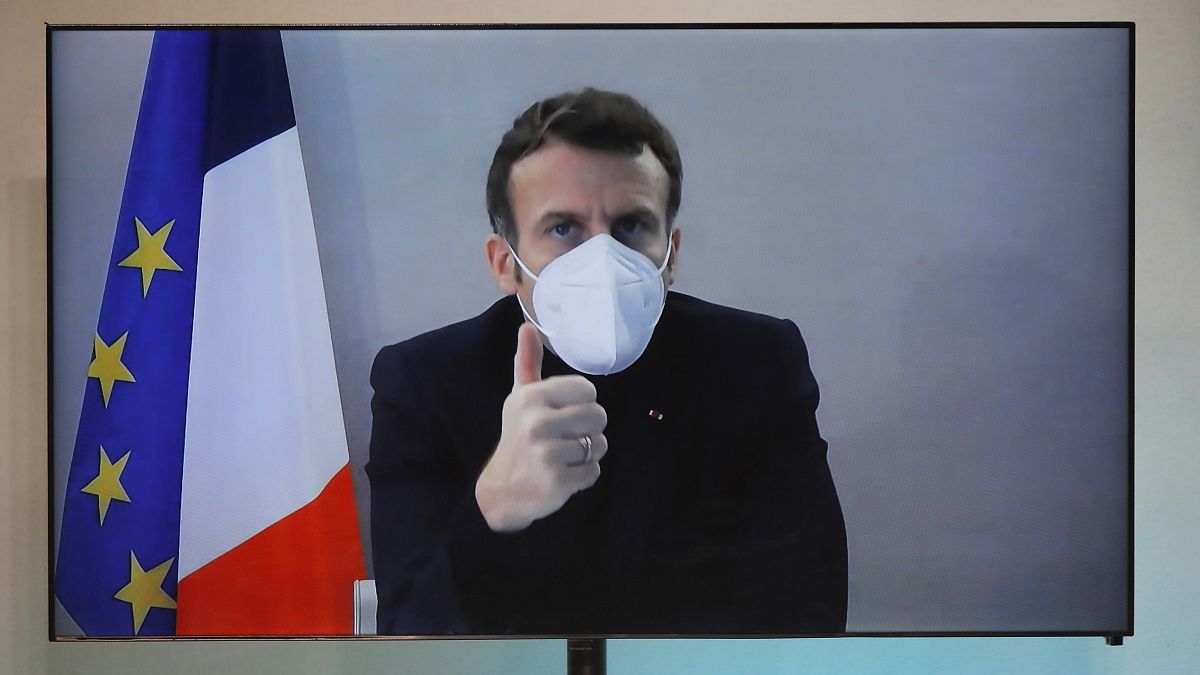 Emmanuel Macron attends by video conference a round table for the National Humanitarian Conference (NHC),  Dec. 17, 2020.