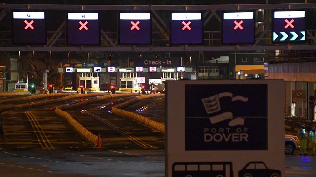 Empty vehicle lanes at the entrance to the Port of Dover, in Dover, England, Wednesday, Dec. 23, 2020. 