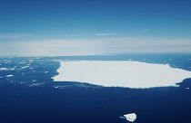 Aerials of A-68d iceberg with A-68a iceberg visible in the distance