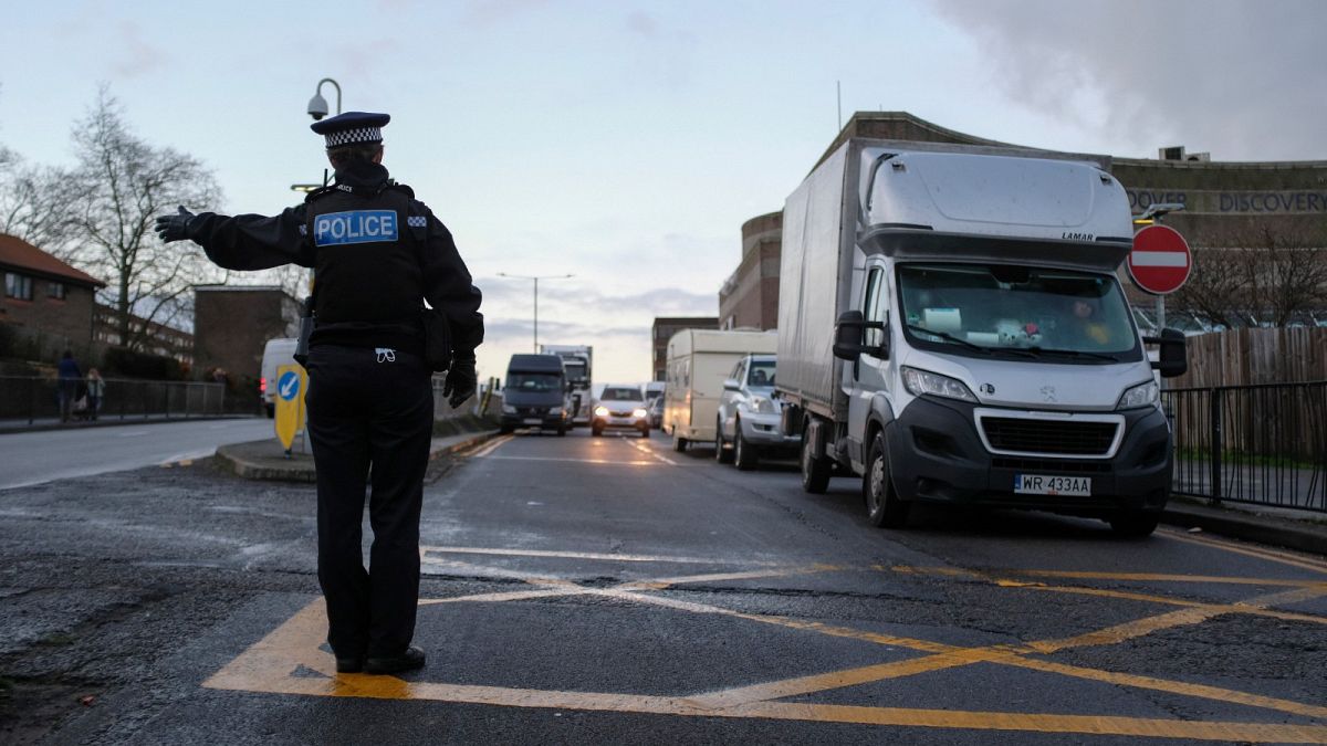 A police officer patrols the area outside the Port of Dover, December 23, 2020.