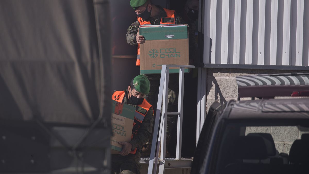 Spanish army soldiers carry the first batch of the Pfizer coronavirus vaccine in a warehouse in Cabanillas del Campo, outskirts of Guadalajara, central Spain, Dec. 26