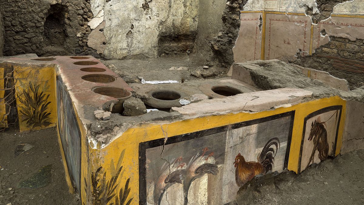 An undated photo made available by the Pompeii Archeological park press office shows the thermopolium in the Pompeii archeological park, near Naples, Italy.