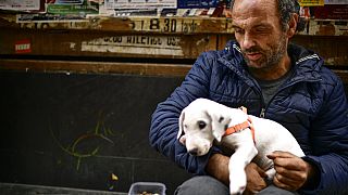 Vicente Mata, a 41-year-old homeless man, begs for money on an empty Estafeta street during lockdown to prevent the spread of coronavirus, in Pamplona, northern Spain