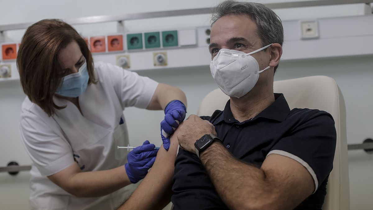 Greece's Prime Minister Kyriakos Mitsotakis, right, receives an injection with a dose of COVID-19 vaccine, at the Attikon University Hospital in Athens, Dec. 27, 2020.