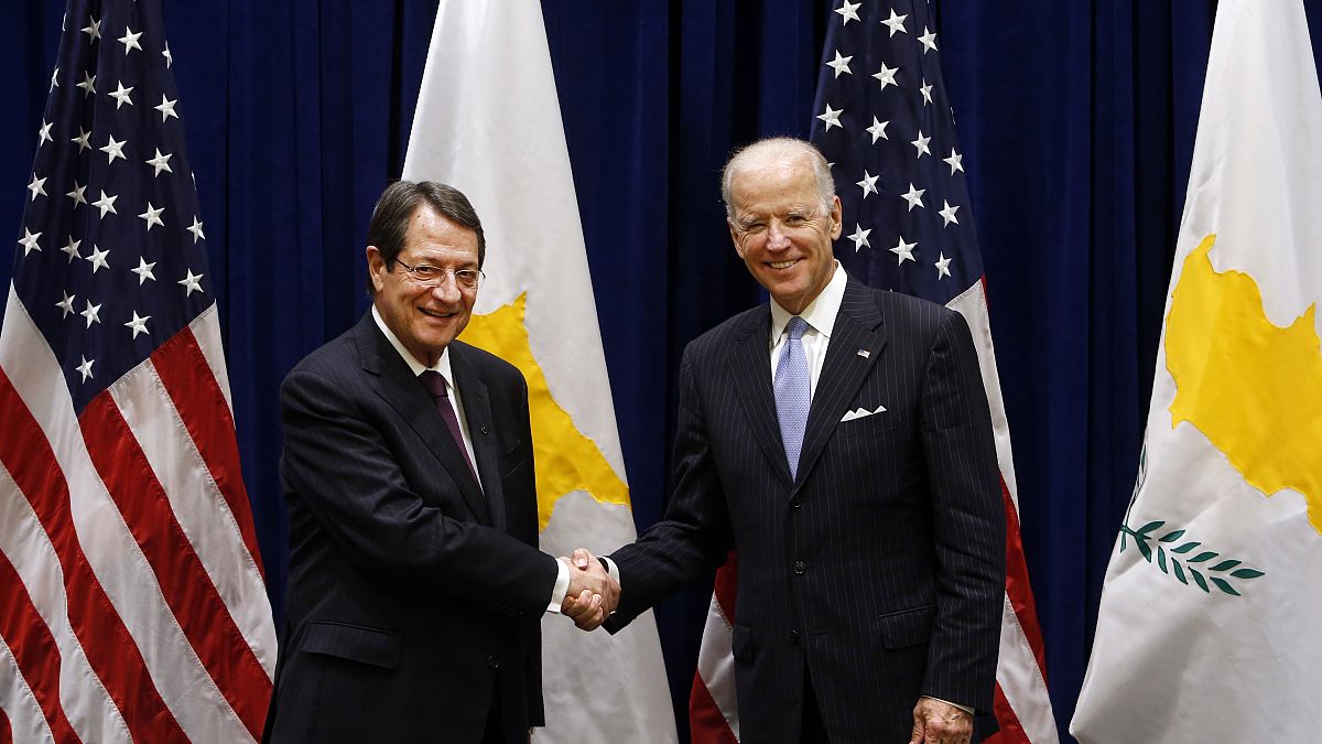 Joe Biden, right, meets with President Nicos Anastasiades
