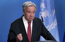 UN Secretary-General Antonio Guterres addresses the media during a joint press conference with German Foreign Minister Heiko Maas after a meeting in Berlin Dec. 17, 2020.