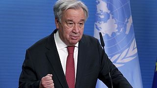 UN Secretary-General Antonio Guterres addresses the media during a joint press conference with German Foreign Minister Heiko Maas after a meeting in Berlin Dec. 17, 2020.