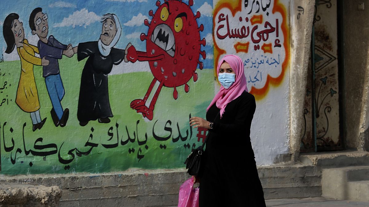 Murales per sensibilizzare alla lotta contro il Coronavirus sui muri di Gaza City