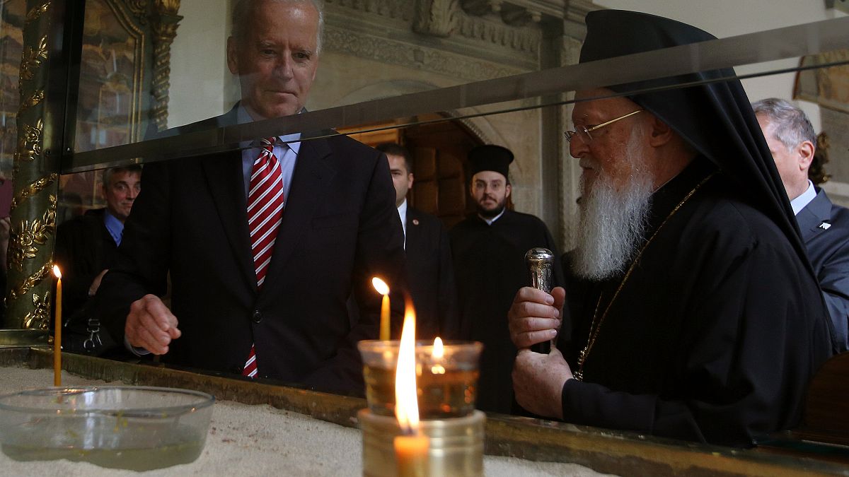 Joe Biden, centre left, and Ecumenical Patriarch Bartholomew 