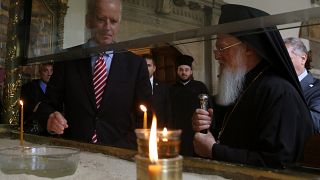 Joe Biden, centre left, and Ecumenical Patriarch Bartholomew