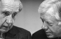 FILE - In this Nov. 17, 1987 file photo, Sir Brian Urquhart, former under secretary-general of the United Nations, left, and former US President Jimmy Carter.