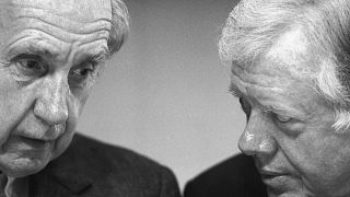 FILE - In this Nov. 17, 1987 file photo, Sir Brian Urquhart, former under secretary-general of the United Nations, left, and former US President Jimmy Carter.