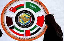 Logo of the 41st Gulf Cooperation Council (GCC) at the media center in at Al Ula, Saudi Arabia