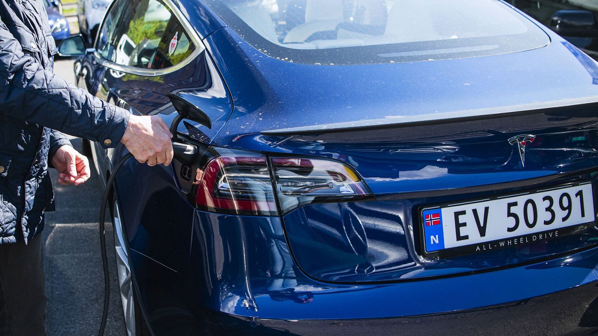 Archives : un propriétaire d'une Tesla Model S en train de recharger sa voiture le 3 mai 2019 à Oslo