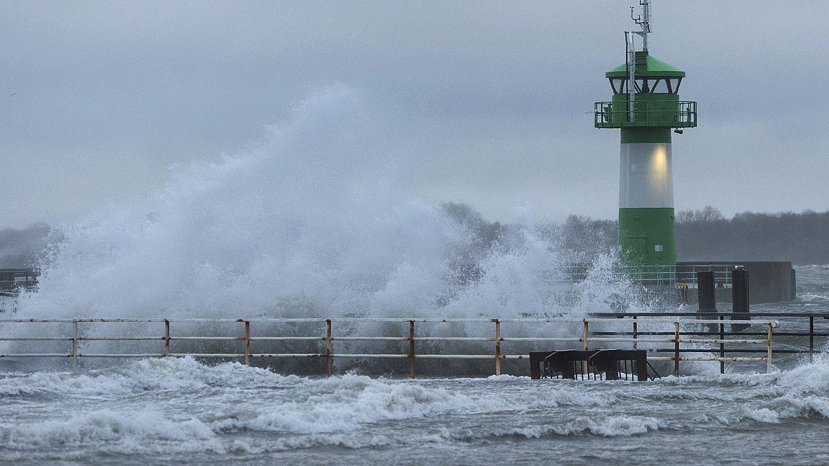 Storm winds bring strong waves to Travemuende on the Baltic Coast in March 2020.