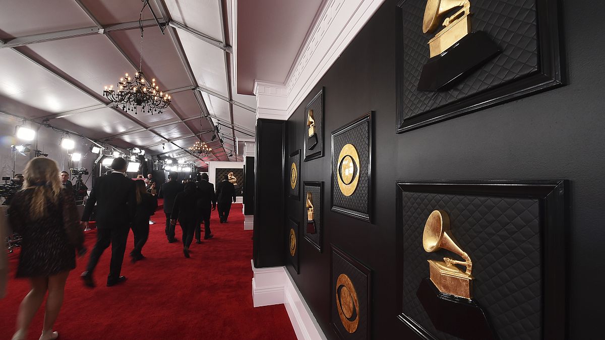 FILE - A view of the red carpet appears prior to the start of the 62nd annual Grammy Awards on Jan. 26, 2020, in Los Angeles. 