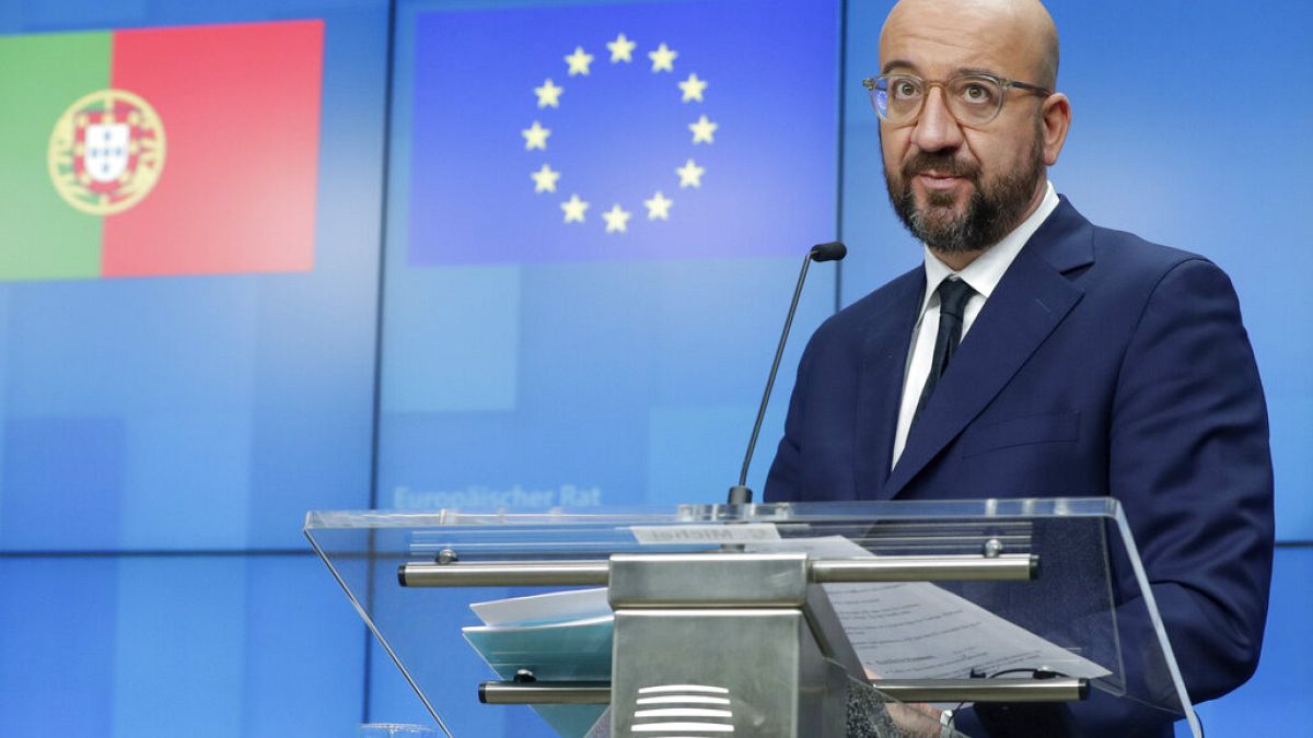 European Council President Charles Michel speaks during a media conference with Portugal's Prime Minister Antonio Costa