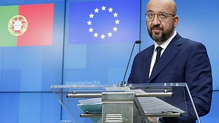 European Council President Charles Michel speaks during a media conference with Portugal's Prime Minister Antonio Costa