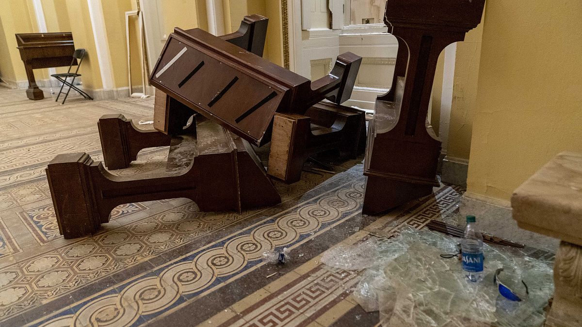 Damage is visible in the hallways in the Capitol in Washington