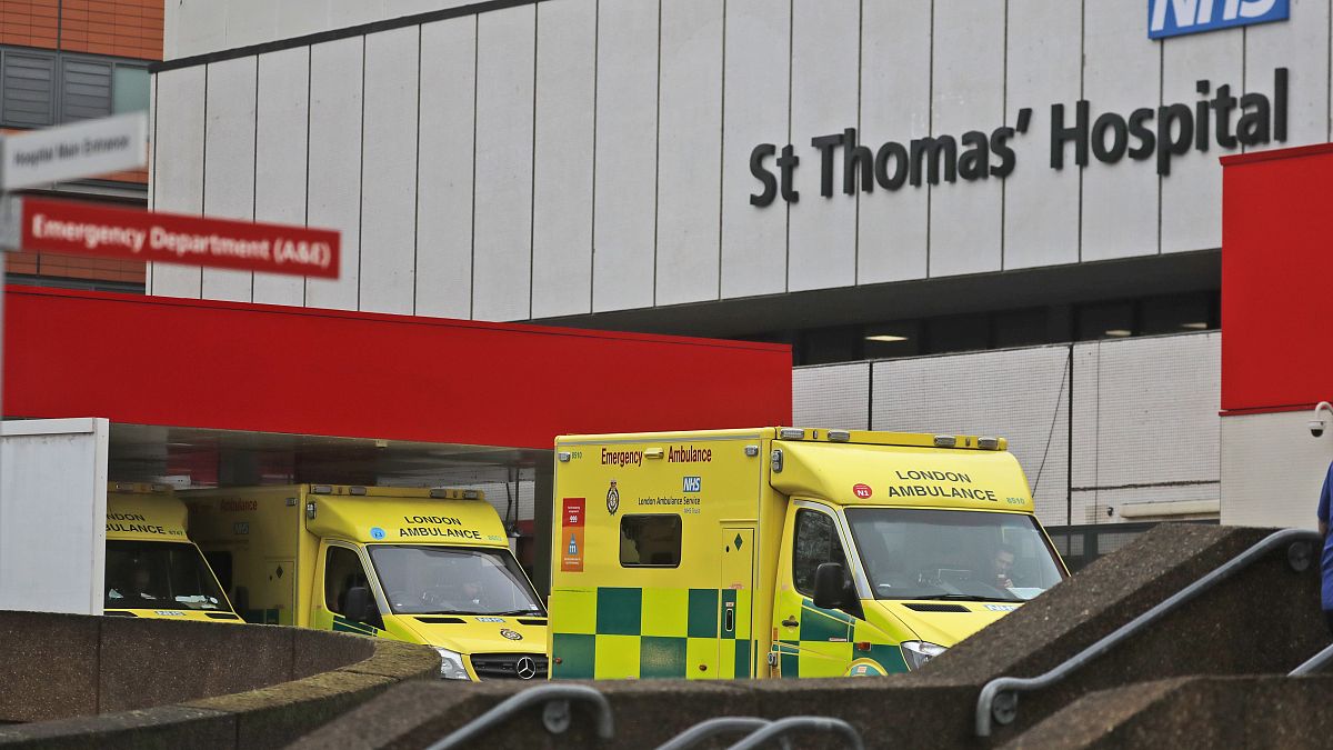 Ambulances are parked at the emergency arrival at St Thomas' hospital in London, Friday, Jan. 8, 2021. 