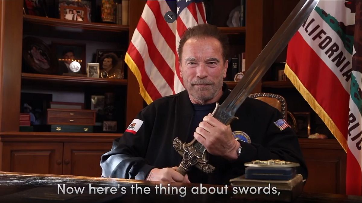 image from a video released by Schwarzenegger shows former Republican California Gov. Arnold Schwarzenegger delivering a public message.