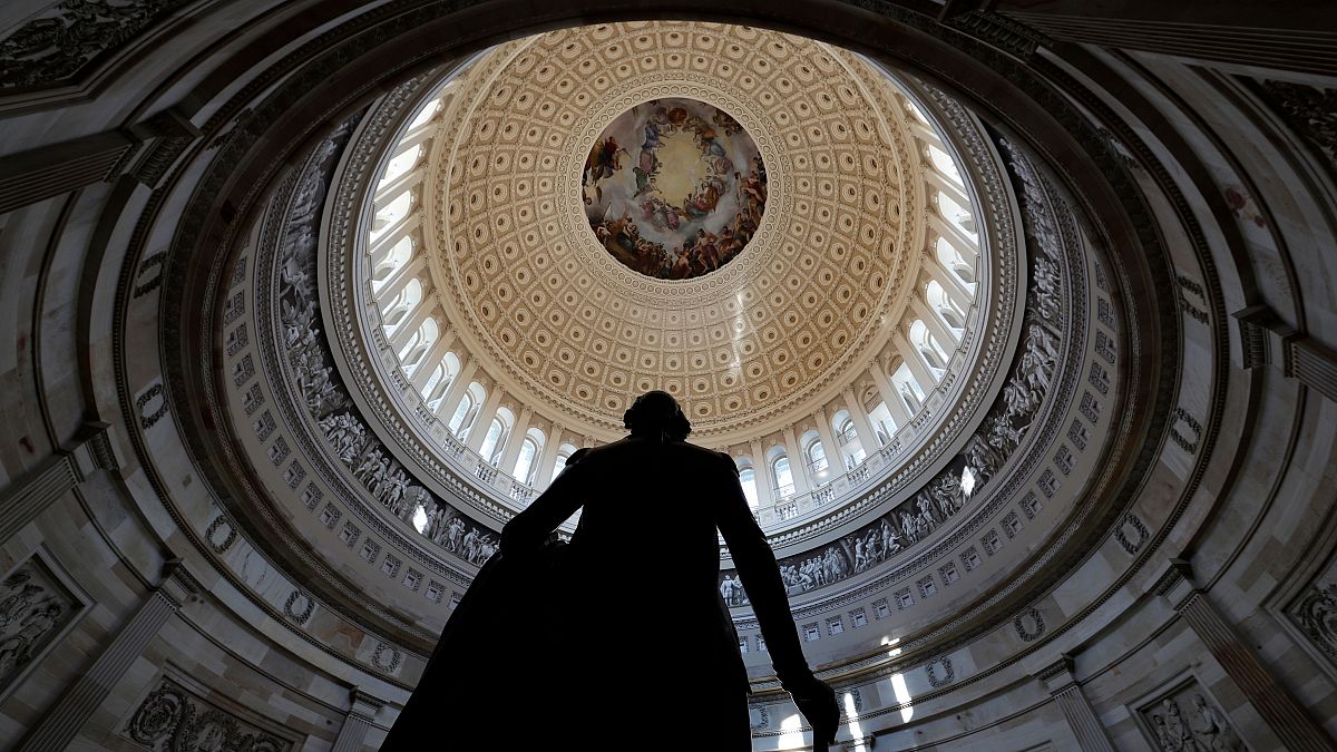 The fresco of "The Apotheosis of Washington," painted by Constantino Brumidi is seen in through the oculus of the dome. 