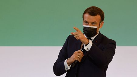 French President Emmanuel Macron gestures as he speaks during the One Planet Summit, part of World Nature Day, at the Reception Room of the Elysee Palace, in Paris.