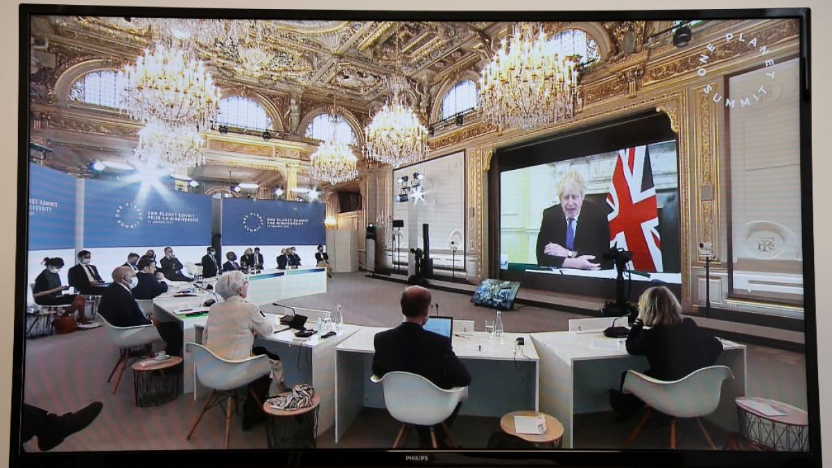 Britain's Prime Minister Boris Johnson speaks during a video conference at the One Planet Summit, part of World Nature Day, at the Elysee Palace, in Paris