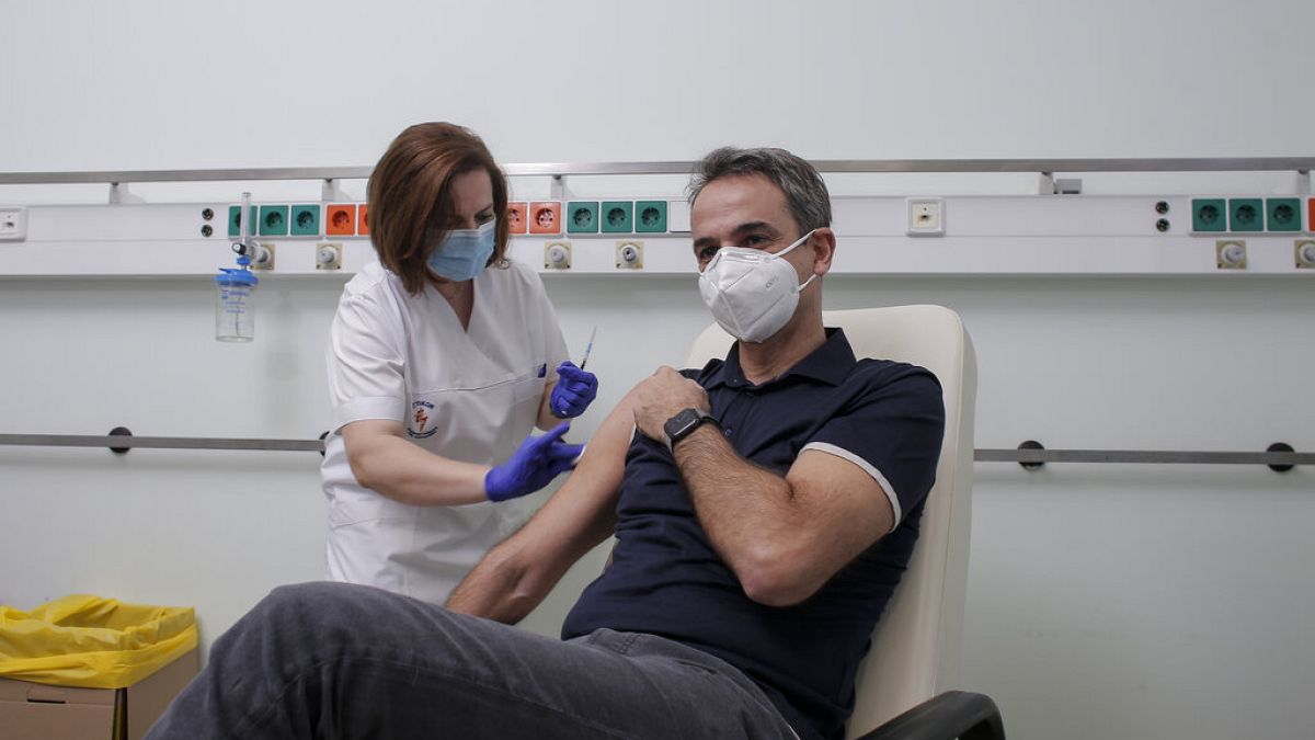 Greece's Prime Minister Kyriakos Mitsotakis receives an injection with a dose of COVID-19 vaccine