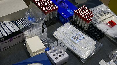 Medical items are pictured at a Covid-19 mass testing center in Roubaix, northern France, Jan.11, 2021. 