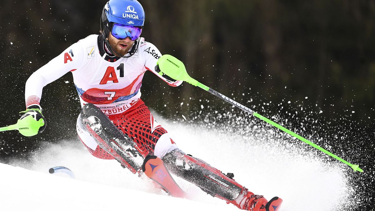 Archives : l'Autrichien Marco Schwarz, lors du slalom organisé à Kitzbühel le 26 janvier 2020 dans le cadre de la Coupe du monde de ski alpin