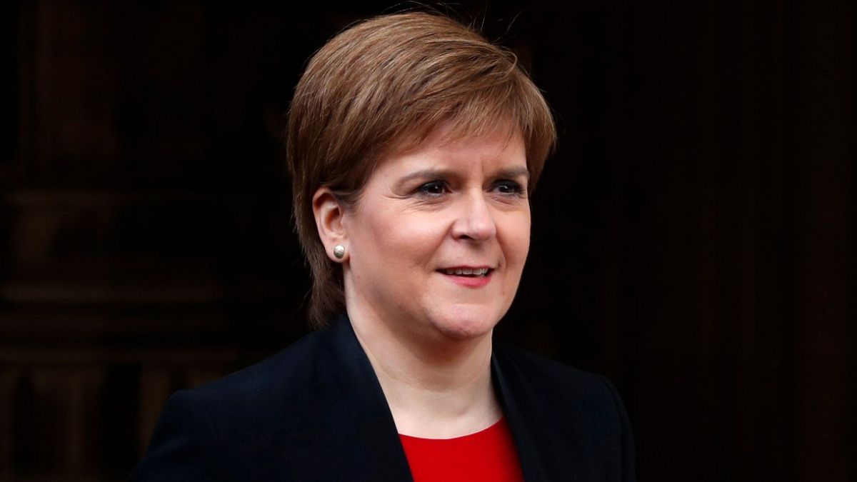 File: Scotland's First Minister Nicola Sturgeon speaks to the media outside the Houses of Parliament in London, Wednesday, April 3, 2019.