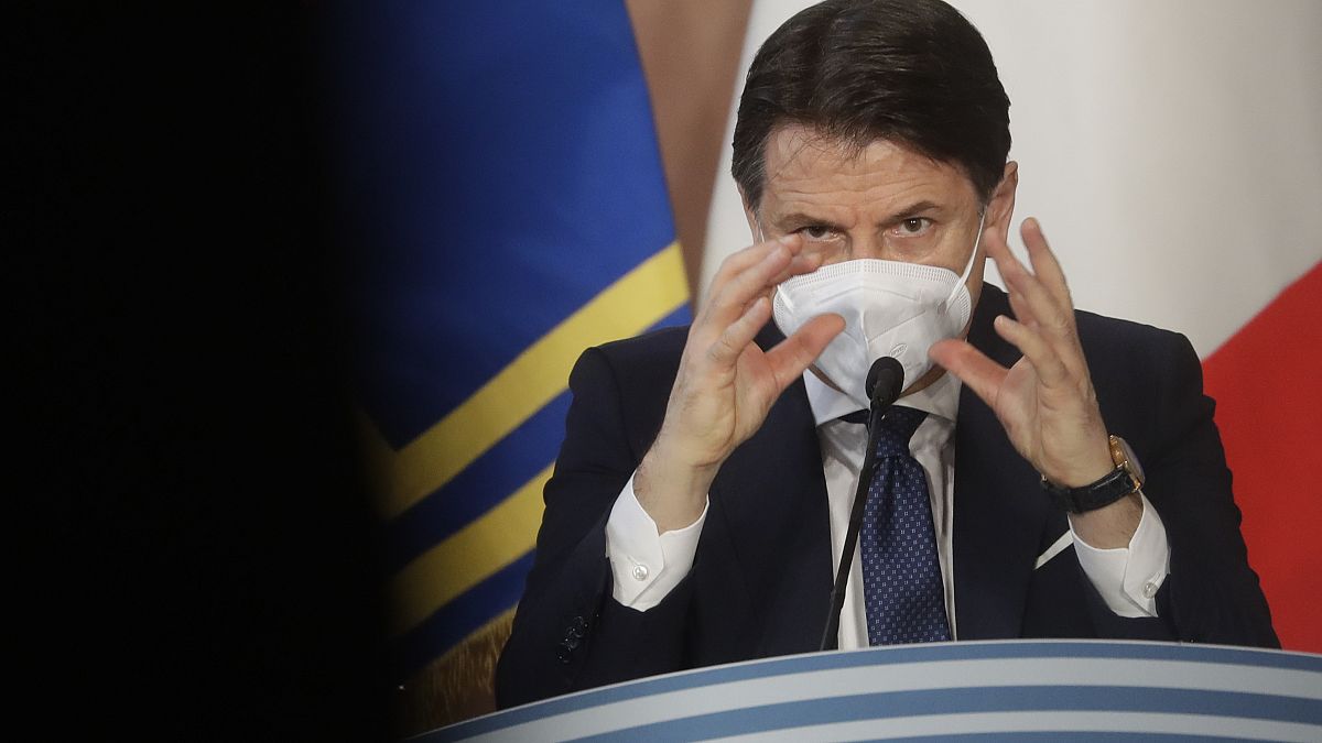 Italian Premier Giuseppe Conte gives his year end press conference, in Rome, Wednesday, Dec. 30, 2020.