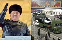 بدا الزعيم الكوري الشمالي كيم جونغ-أون مبتسماً خلال الاستعراض العسكري