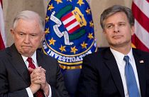 Attorney General Jeff Sessions sits with FBI Director Chris Wray