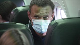 Alexei Navalny pictured in Berlin before his flight to Moscow on Sunday.